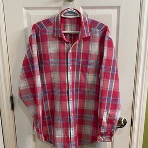 J McLaughlin Shirt Men’s Size Large Pink Plaid Button Down Pocket Preppy Casual